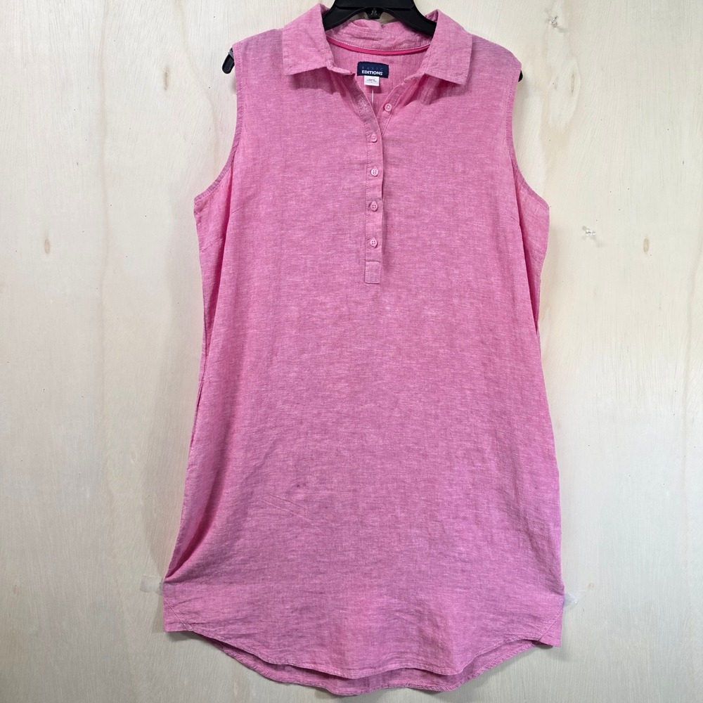 Basic Editions Pink Linen Blend Sleeveless Shift Dress Pockets Womens Large